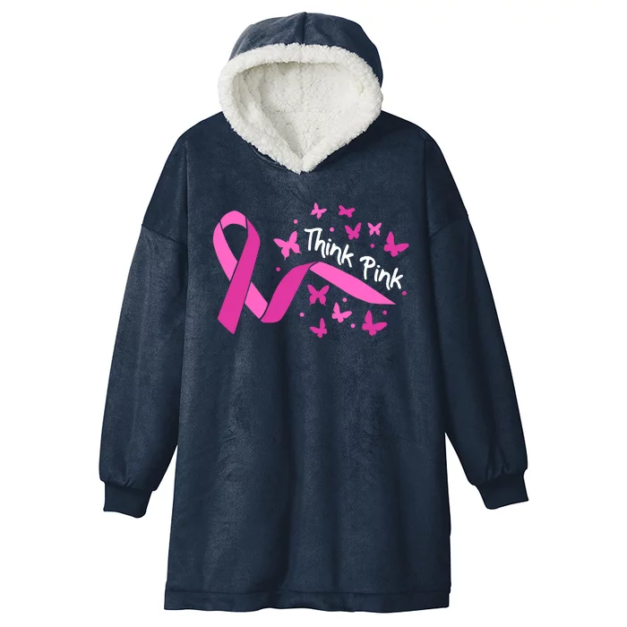 Breast Cancer Think Pink Butterfly Ribbon Hooded Wearable Blanket