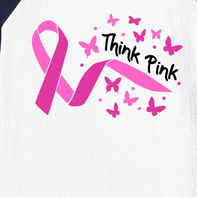 Breast Cancer Think Pink Butterfly Ribbon Baseball Sleeve Shirt