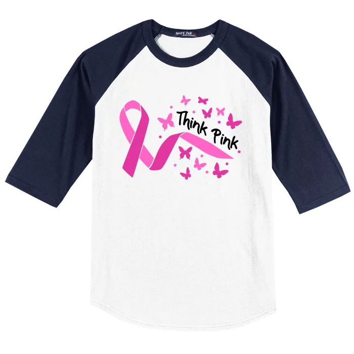 Breast Cancer Think Pink Butterfly Ribbon Baseball Sleeve Shirt