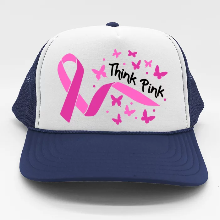 Breast Cancer Think Pink Butterfly Ribbon Trucker Hat