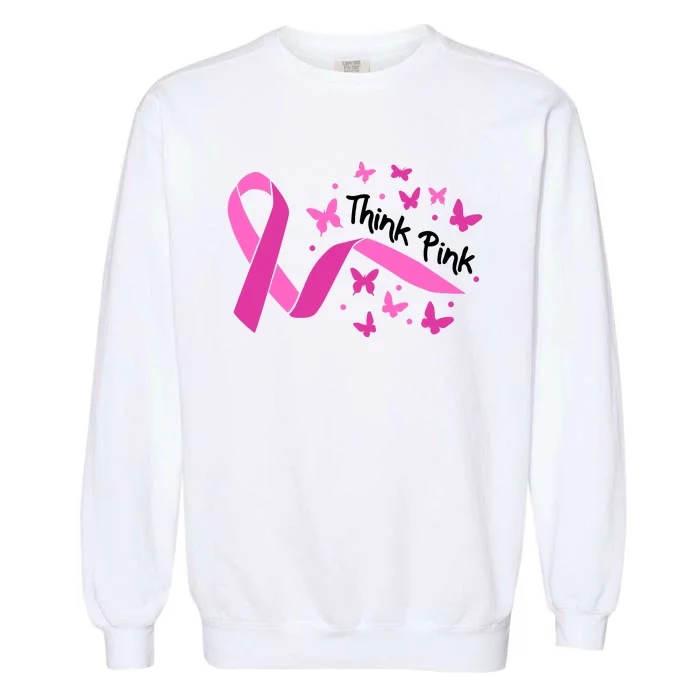 Breast Cancer Think Pink Butterfly Ribbon Garment-Dyed Sweatshirt