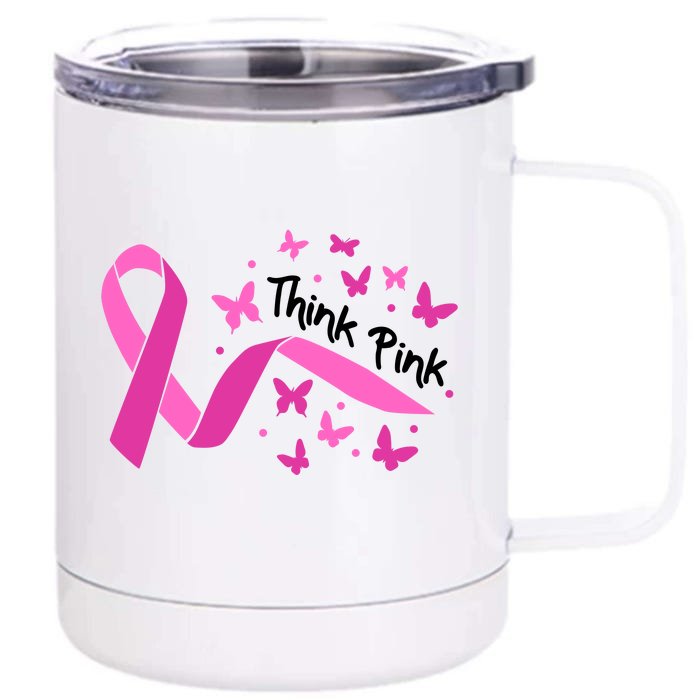 Breast Cancer Think Pink Butterfly Ribbon Front & Back 12oz Stainless Steel Tumbler Cup