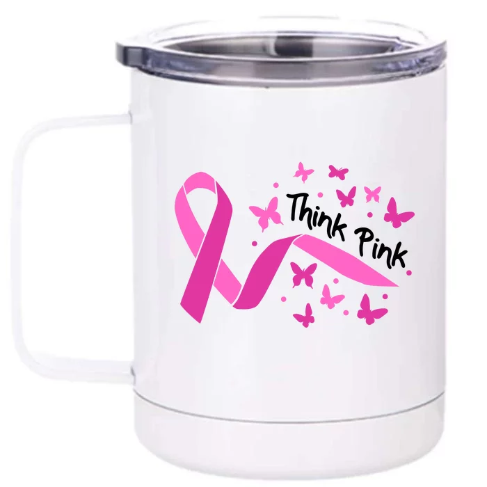 Breast Cancer Think Pink Butterfly Ribbon Front & Back 12oz Stainless Steel Tumbler Cup