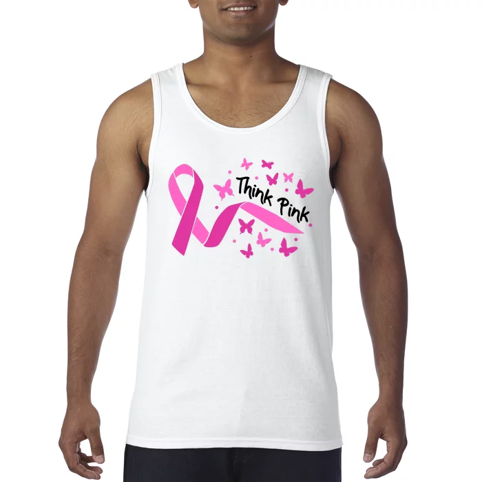 Breast Cancer Think Pink Butterfly Ribbon Tank Top