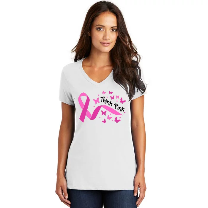 Breast Cancer Think Pink Butterfly Ribbon Women's V-Neck T-Shirt