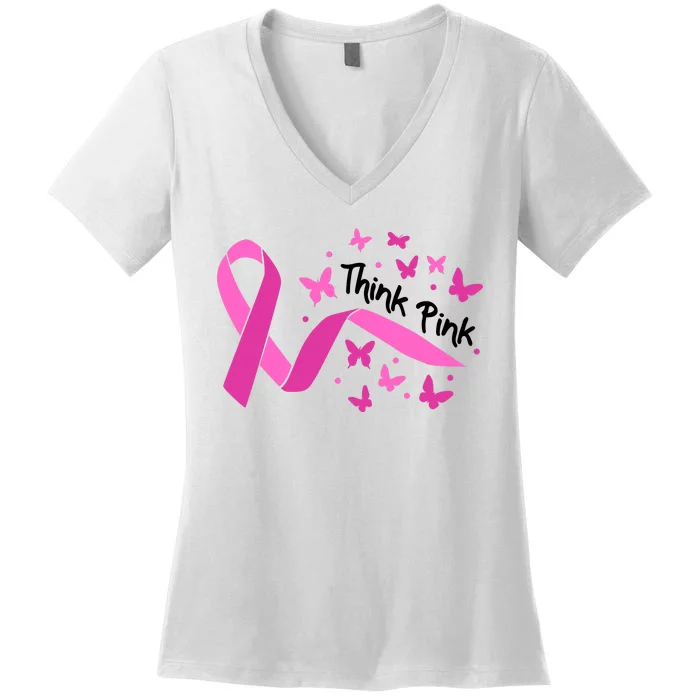 Breast Cancer Think Pink Butterfly Ribbon Women's V-Neck T-Shirt