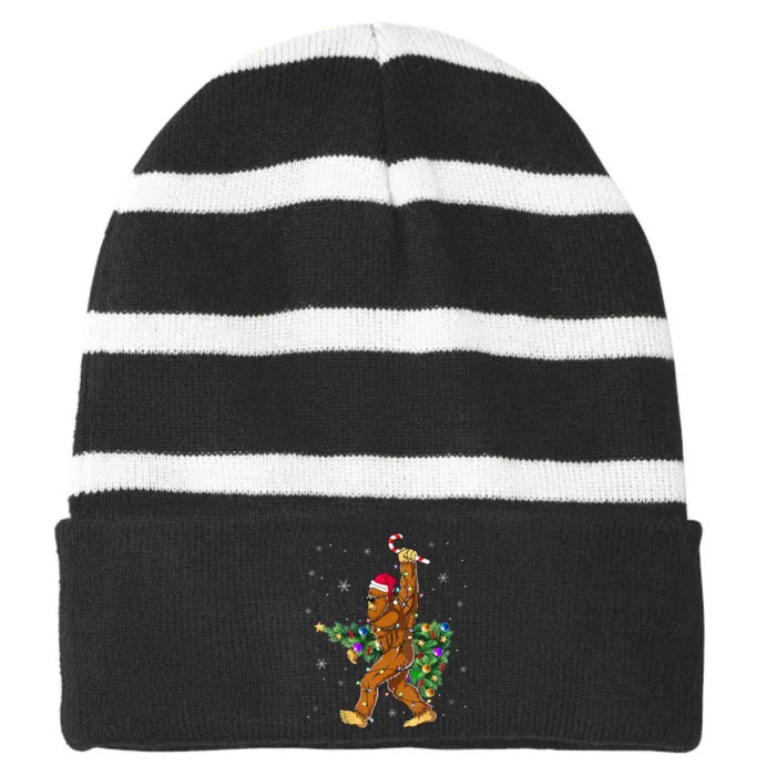 Bigfoot Christmas Tree Lights Xmas  Sasquatch Lovers Striped Beanie with Solid Band