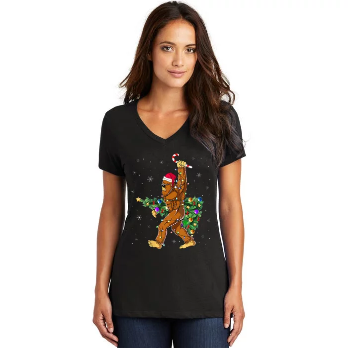 Bigfoot Christmas Tree Lights Xmas  Sasquatch Lovers Women's V-Neck T-Shirt