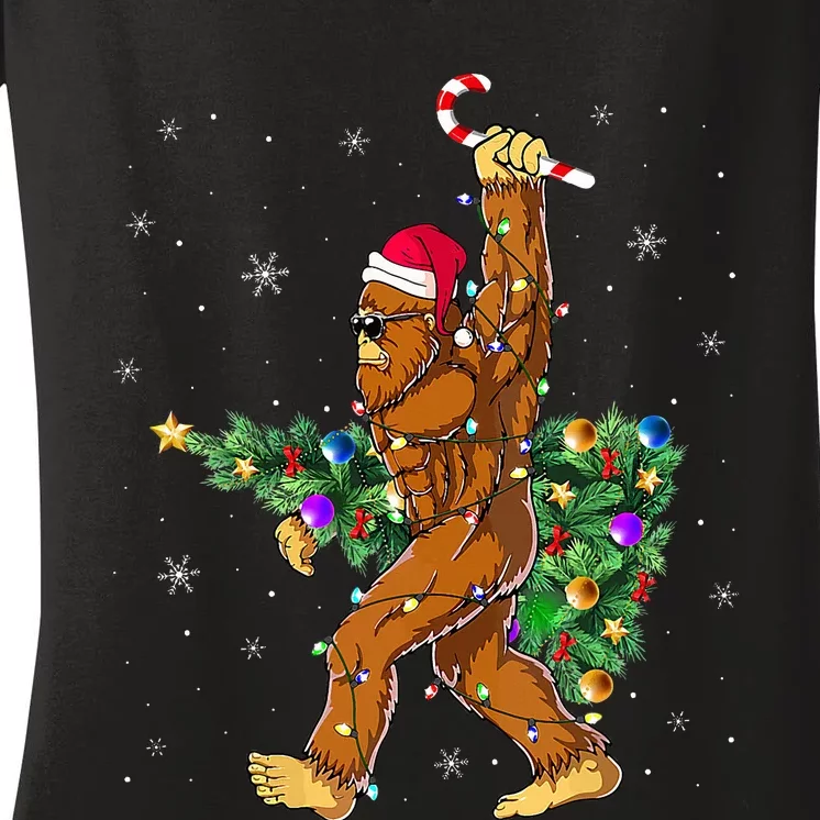 Bigfoot Christmas Tree Lights Xmas  Sasquatch Lovers Women's V-Neck T-Shirt