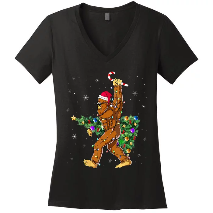 Bigfoot Christmas Tree Lights Xmas  Sasquatch Lovers Women's V-Neck T-Shirt