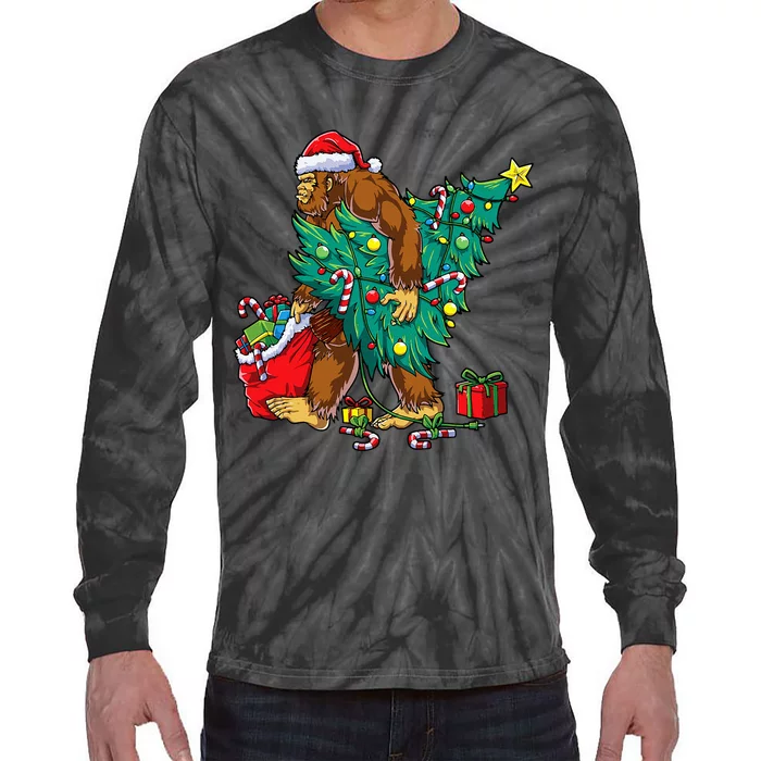 Bigfoot Christmas Tree Lights Xmas Sasquatch Lovers Tie-Dye Long Sleeve Shirt