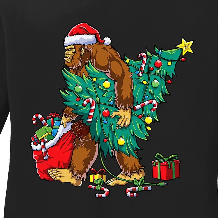 Bigfoot Christmas Tree Lights Xmas Sasquatch Lovers Ladies Long Sleeve Shirt