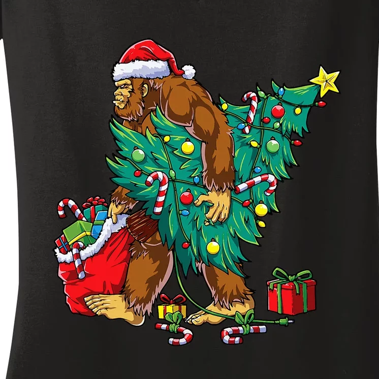 Bigfoot Christmas Tree Lights Xmas Sasquatch Lovers Women's V-Neck T-Shirt