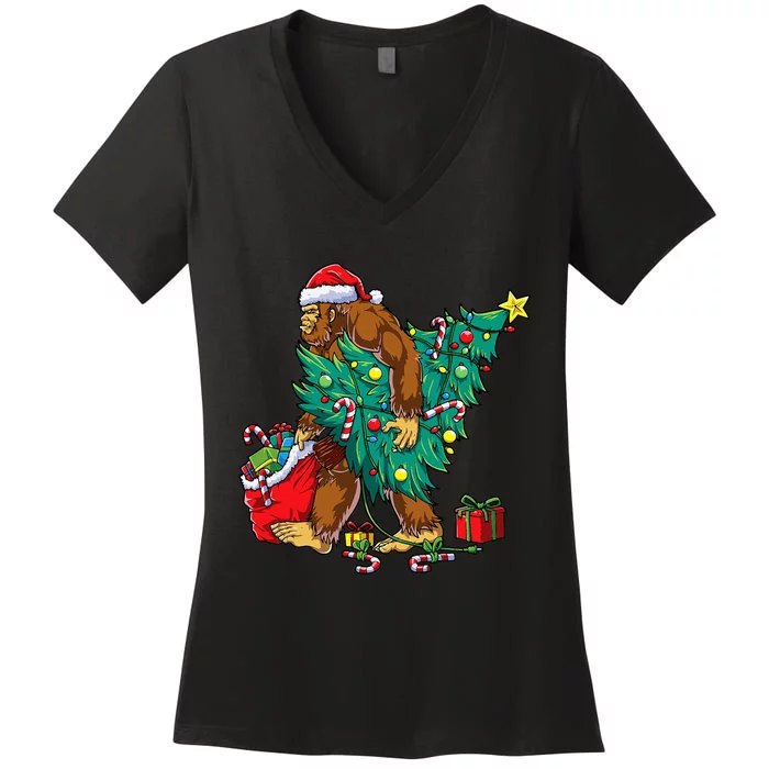 Bigfoot Christmas Tree Lights Xmas Sasquatch Lovers Women's V-Neck T-Shirt