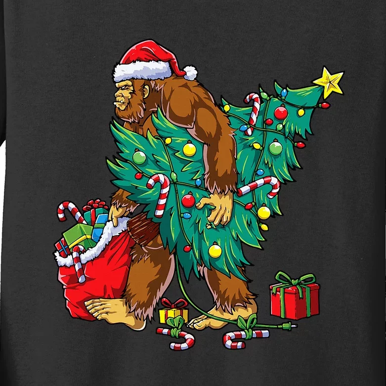 Bigfoot Christmas Tree Lights Xmas Sasquatch Lovers Kids Long Sleeve Shirt