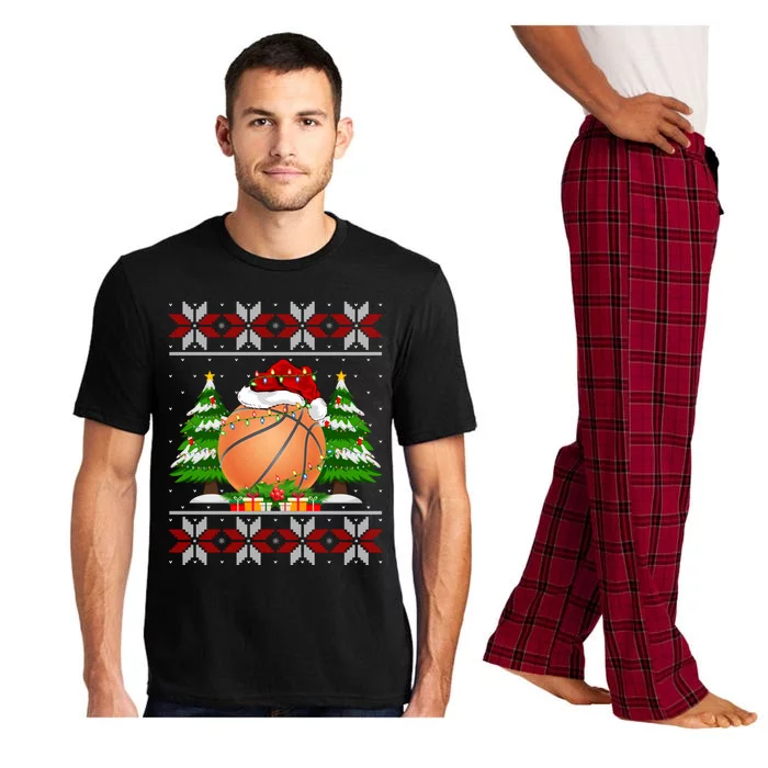 Basketball Christmas Tree Lights Ugly Sweater Santa Xmas Gift Pajama Set