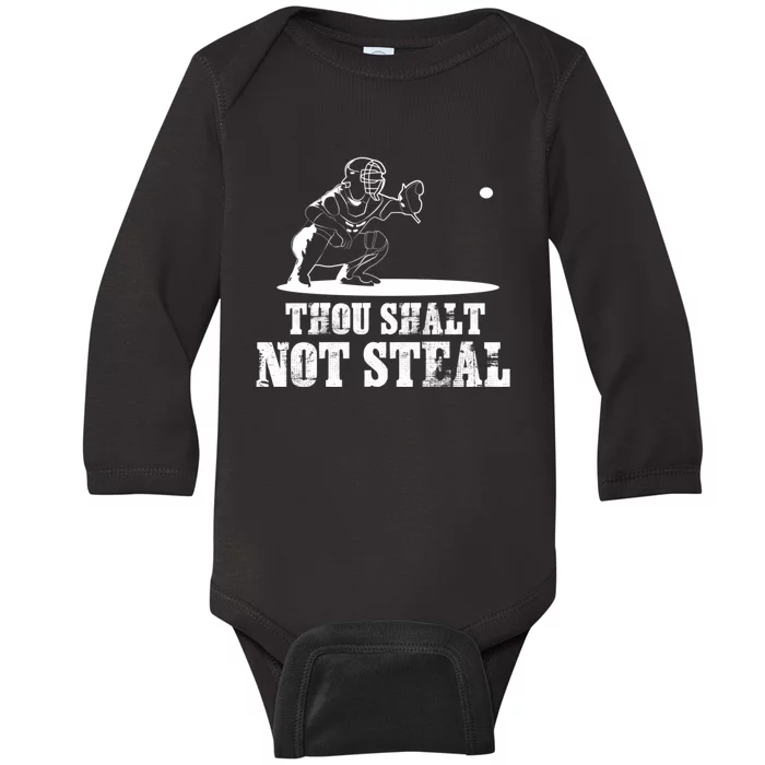 Baseball Catcher Thou Shalt Not Steal - Religious Gift Baby Long Sleeve Bodysuit