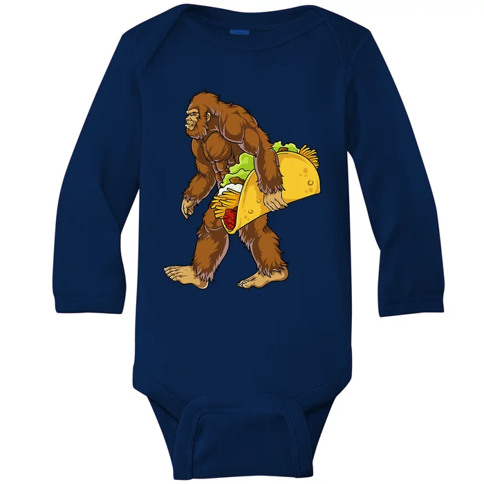 Bigfoot Carrying Taco Funny Cinco De Mayo Sasquatch Funny Baby Long Sleeve Bodysuit