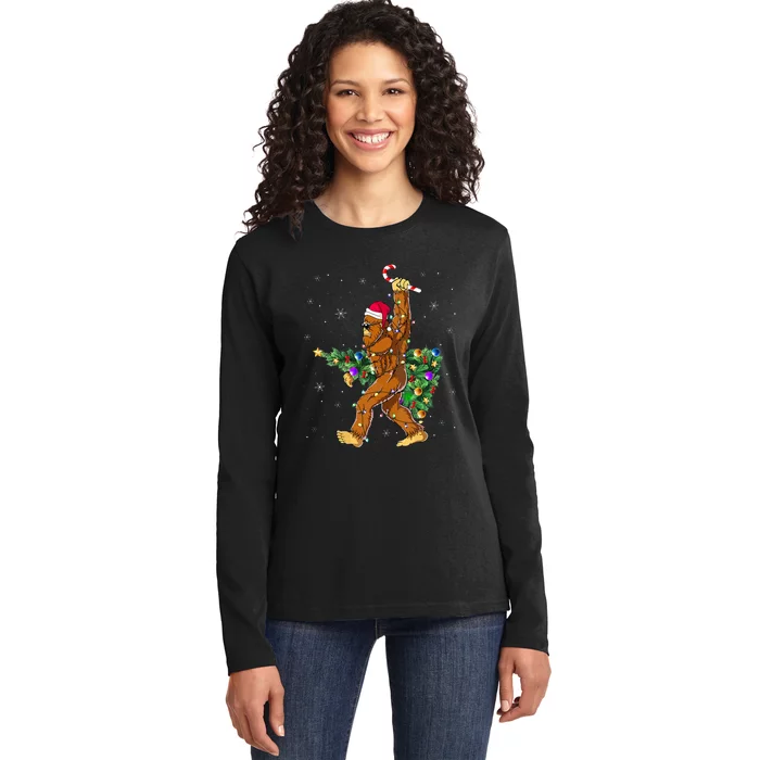 Bigfoot Christmas Tree Lights Xmas Lovers Ladies Long Sleeve Shirt