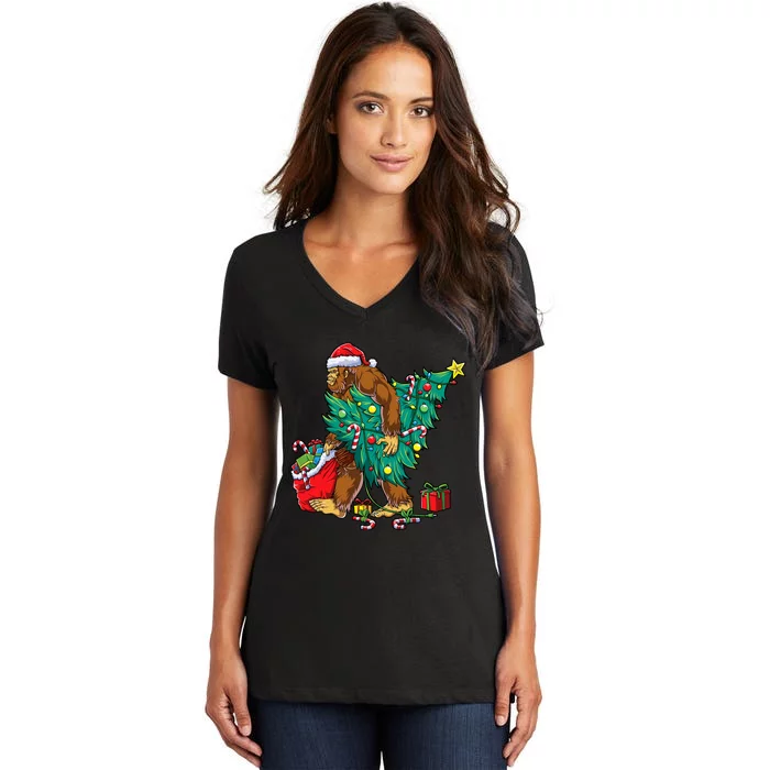 Bigfoot Christmas Tree Lights Xmas Sasquatch Lovers Women's V-Neck T-Shirt