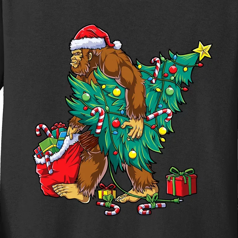 Bigfoot Christmas Tree Lights Xmas Sasquatch Lovers Kids Long Sleeve Shirt