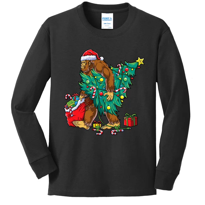 Bigfoot Christmas Tree Lights Xmas Sasquatch Lovers Kids Long Sleeve Shirt