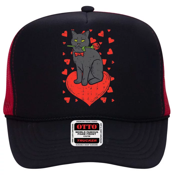 Black Cat Tie Red Rose Heart Cute Valentines Day Pet Funny High Crown Mesh Trucker Hat