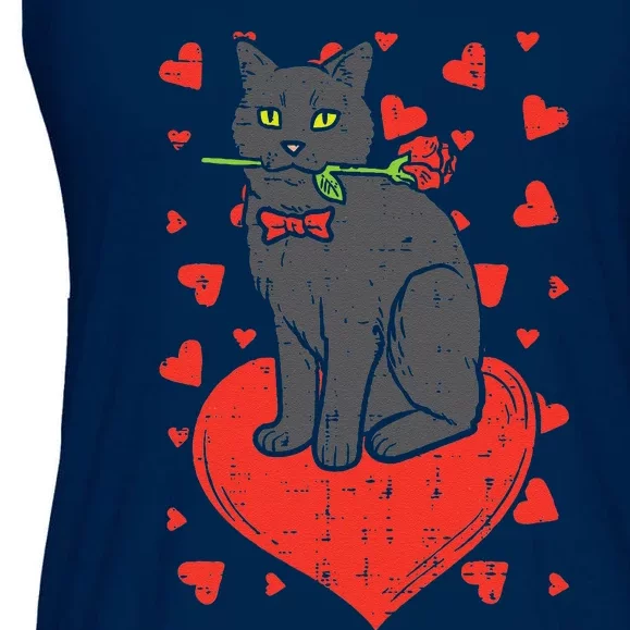 Black Cat Tie Red Rose Heart Cute Valentines Day Pet Funny Ladies Essential Flowy Tank