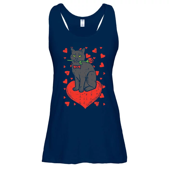 Black Cat Tie Red Rose Heart Cute Valentines Day Pet Funny Ladies Essential Flowy Tank