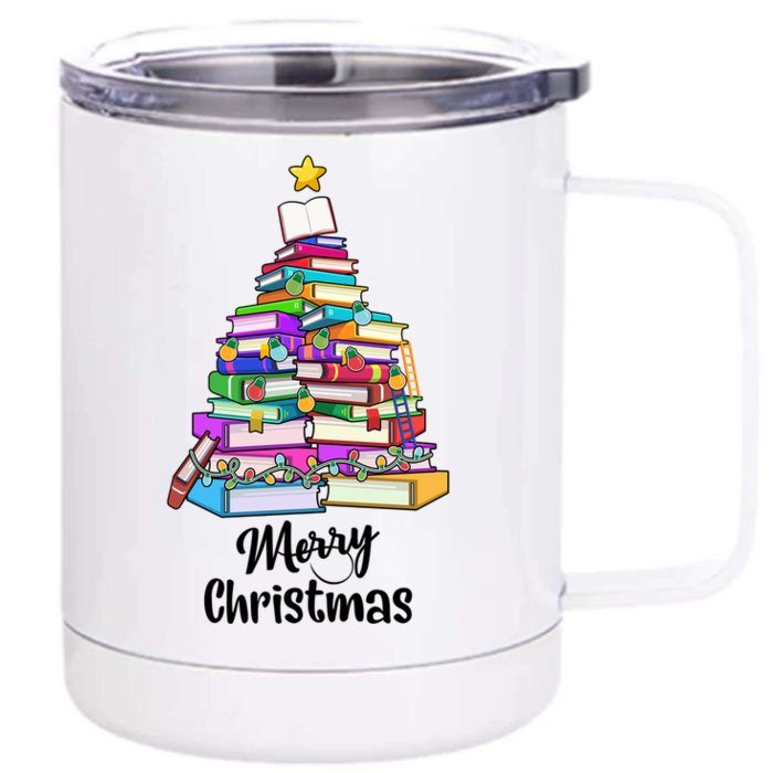 Book Christmas Tree Book Lover Librarian Merry Christmas Gift Front & Back 12oz Stainless Steel Tumbler Cup