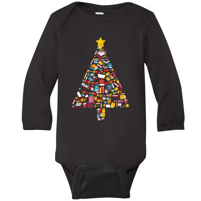 Books Christmas tree reading club Librarian Library Xmas Baby Long Sleeve Bodysuit