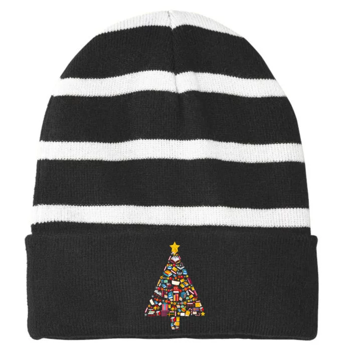 Books Christmas tree reading club Librarian Library Xmas Striped Beanie with Solid Band