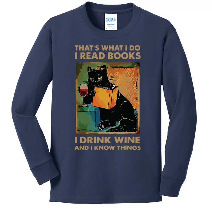 Black Cat Thats What I Do I Read Books I Drink Wine Kids Long Sleeve Shirt