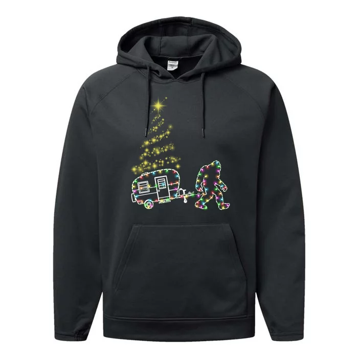 Bigfoot Camping Trailer Christmas Light Camper Xmas Gift Performance Fleece Hoodie