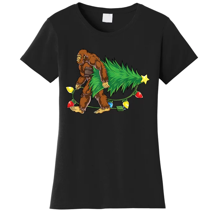 Bigfoot Christmas Tree Lights Xmas Boys Sasquatch Lovers Women's T-Shirt