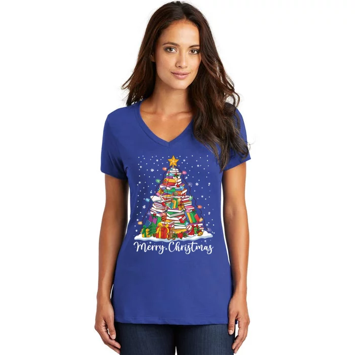 Books Christmas Tree Funny Love Reading Book Lover Librarian Gift Women's V-Neck T-Shirt