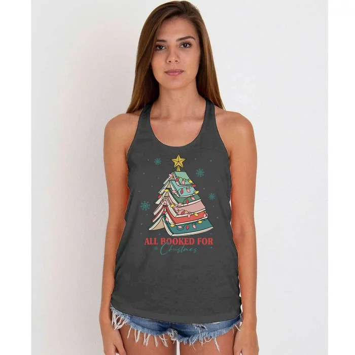 Book Christmas Tree Librarian All Booked For Christmas Women's Knotted Racerback Tank