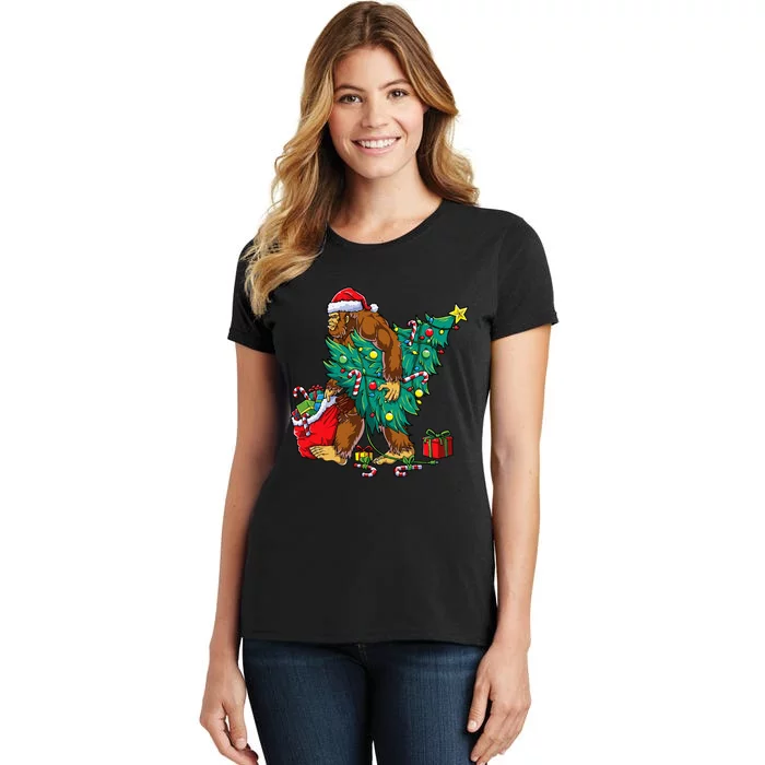 Bigfoot Christmas Tree Lights Xmas Sasquatch Lovers Women's T-Shirt