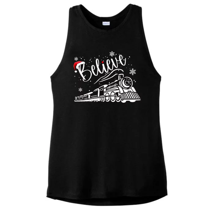 Believe Christmas Train Holiday Ladies Tri-Blend Wicking Tank