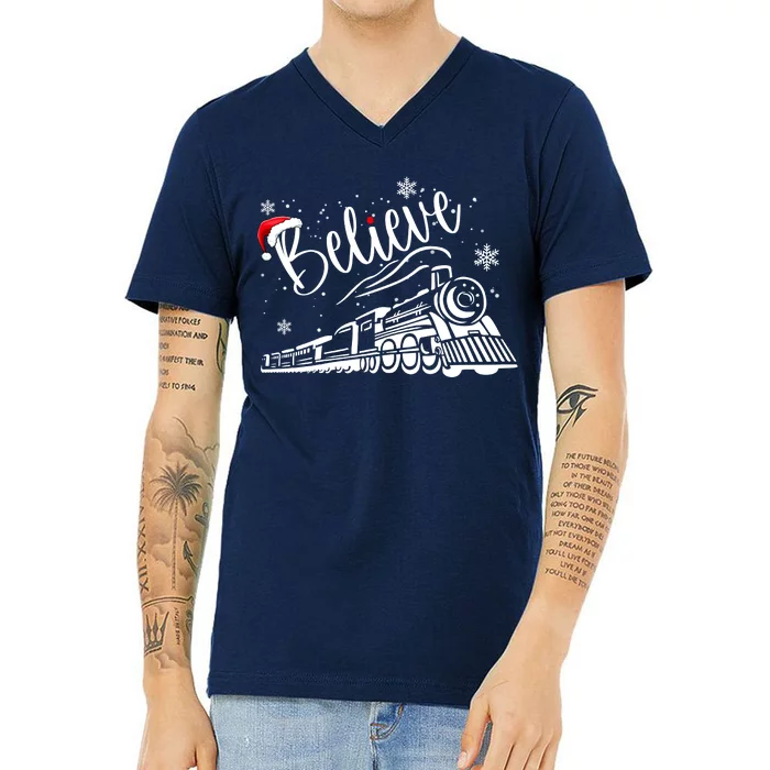 Believe Christmas Train Holiday V-Neck T-Shirt