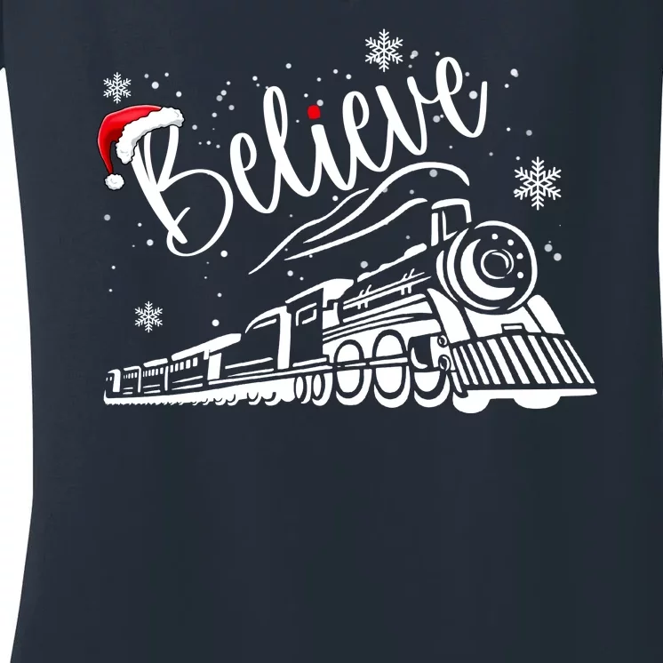 Believe Christmas Train Holiday Women's V-Neck T-Shirt