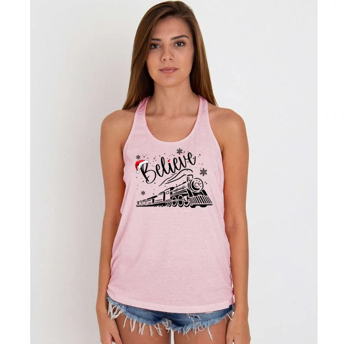 Believe Christmas Train Holiday Women's Knotted Racerback Tank