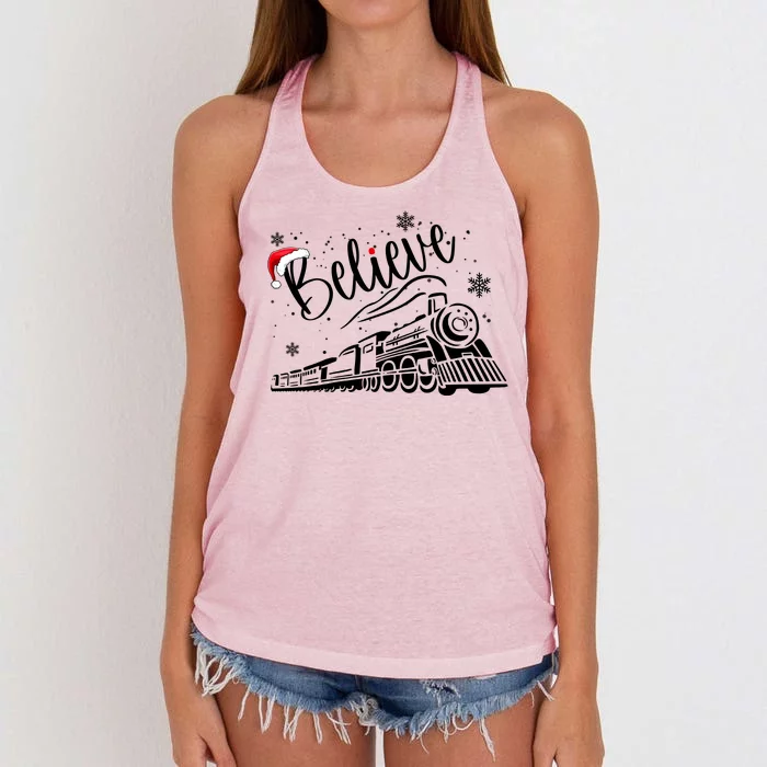 Believe Christmas Train Holiday Women's Knotted Racerback Tank