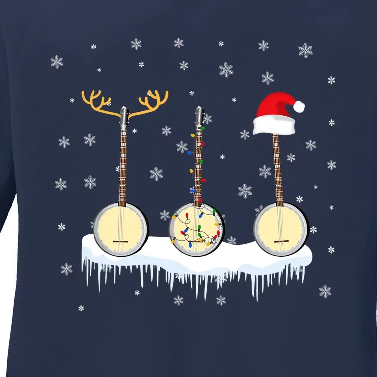 Banjo Christmas Tree With Santa Hat Xmas Ladies Long Sleeve Shirt