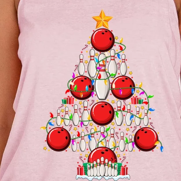 Bowling Christmas Tree Lights Bowler Bowling Player Xmas Gift Women's Knotted Racerback Tank