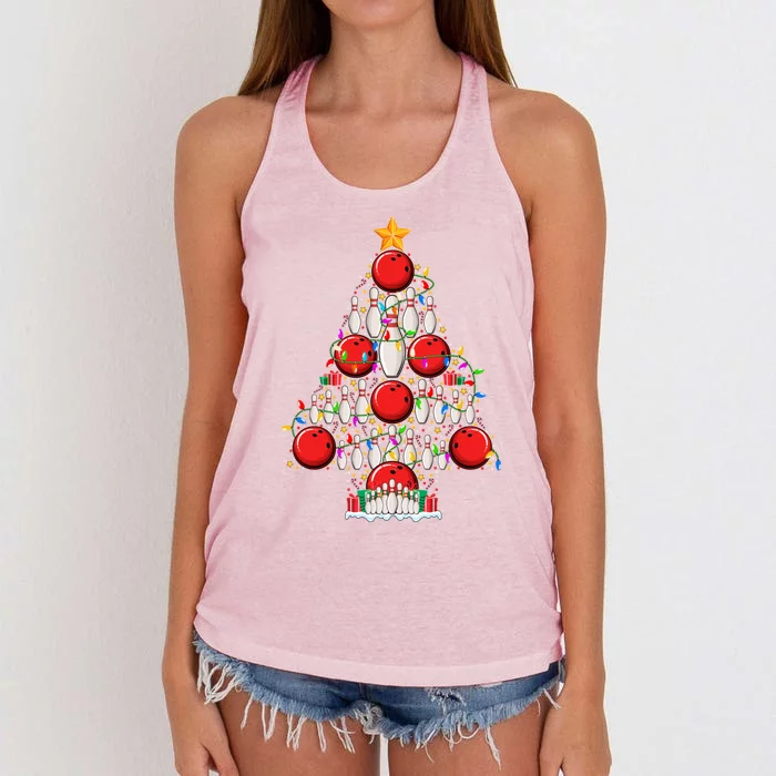 Bowling Christmas Tree Lights Bowler Bowling Player Xmas Gift Women's Knotted Racerback Tank