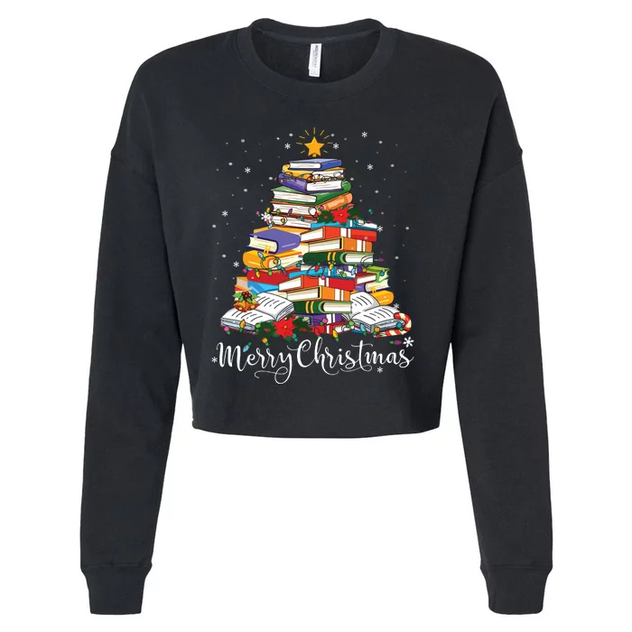 Books Christmas Tree Funny Love Reading Book Lover Librarian Cropped Pullover Crew