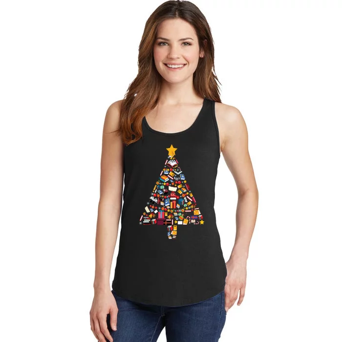 Books Christmas Tree Reading Club Librarian Library Xmas Ladies Essential Tank