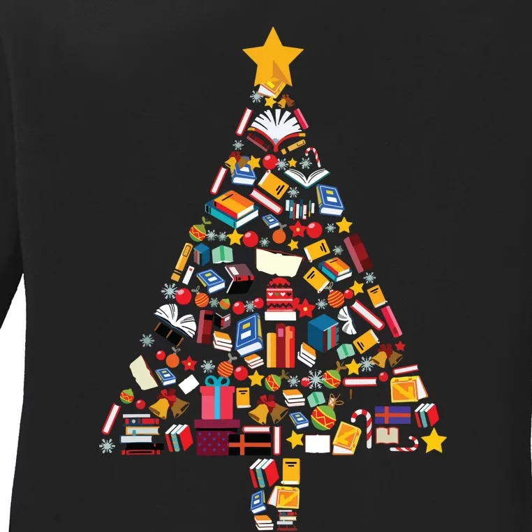 Books Christmas Tree Reading Club Librarian Library Xmas Ladies Long Sleeve Shirt