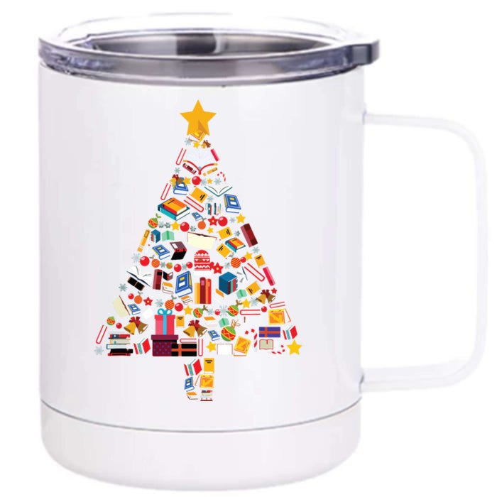 Books Christmas Tree Reading Club Librarian Library Xmas Front & Back 12oz Stainless Steel Tumbler Cup